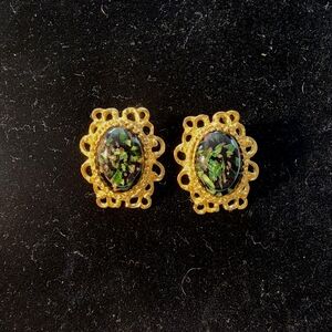 Vintage Galleni Green & Gold Confetti Lucite Earrings – Made in USA